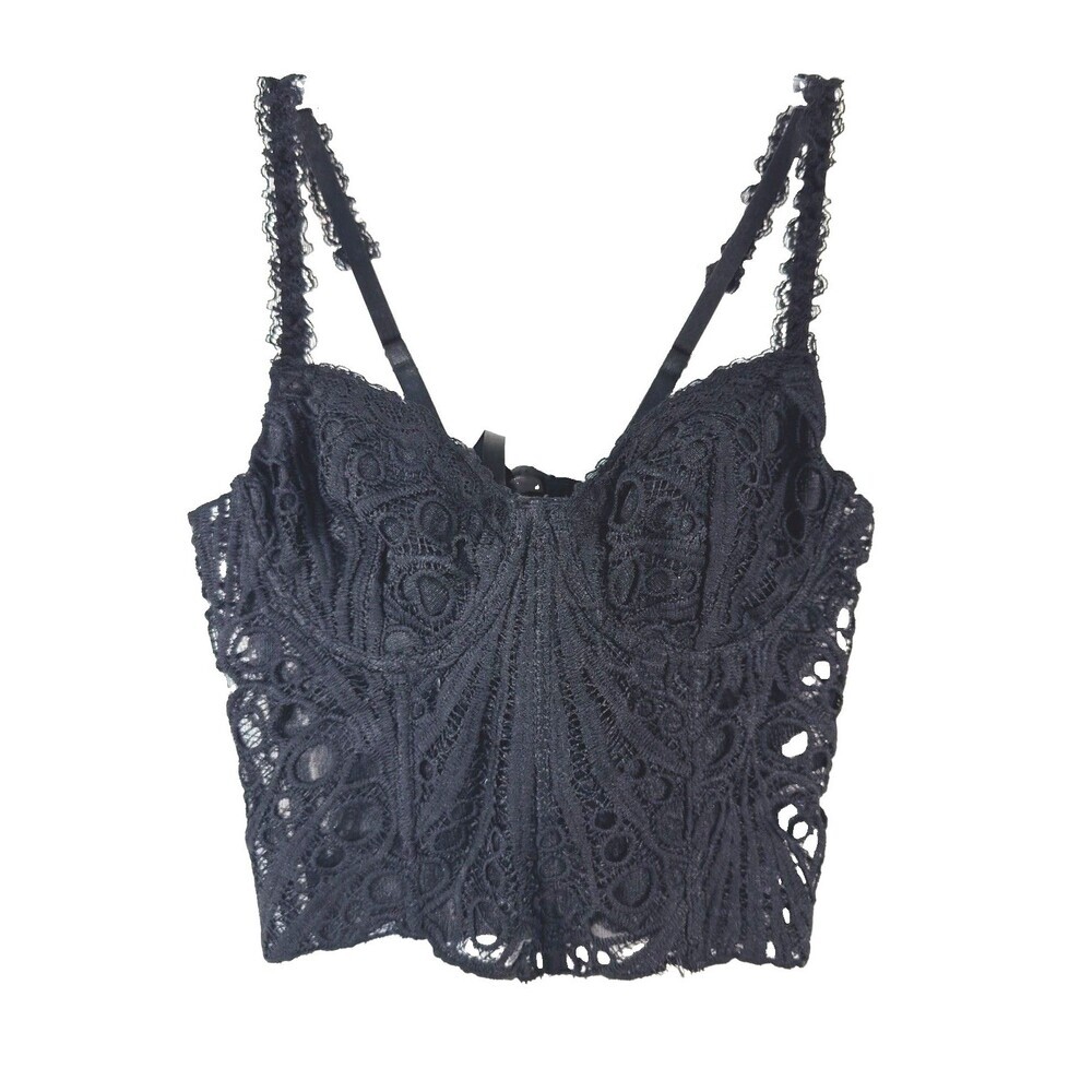 Black Lace Corset Top Bustier Lace Up Back Strappy Crop Tank Women's Size M